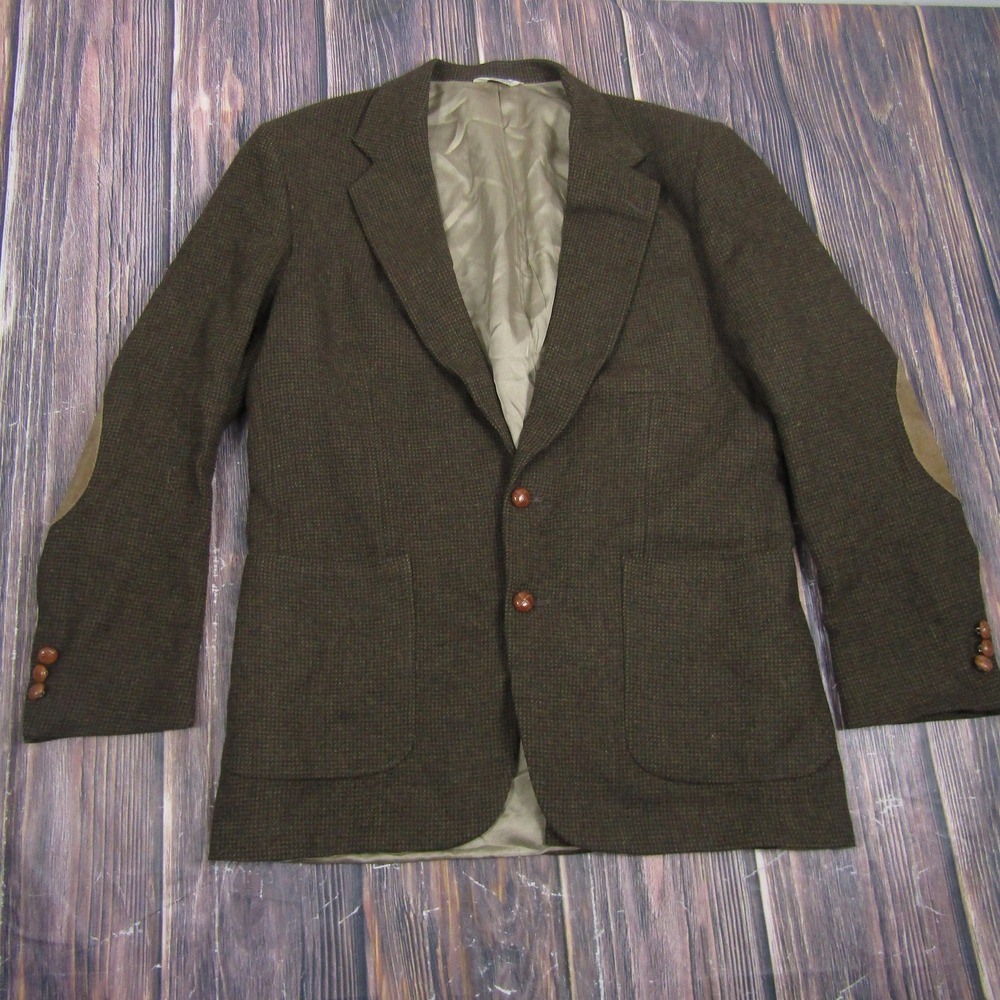 Hunt Valley Sport Coat Mens 42L Brown Wool Tweed Suede Elbow Patches Blazer USA